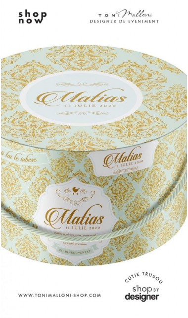 Cutie trusou botez verde menta si gold pattern in stil baroc 3